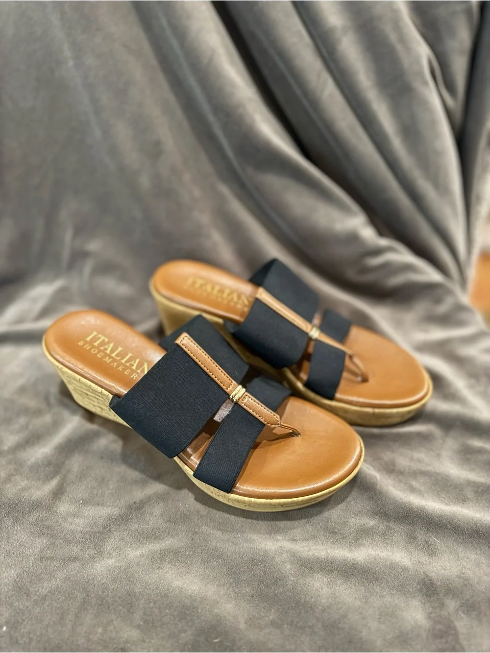 Italian Shoemakers Black and Tan Wedge Sandals